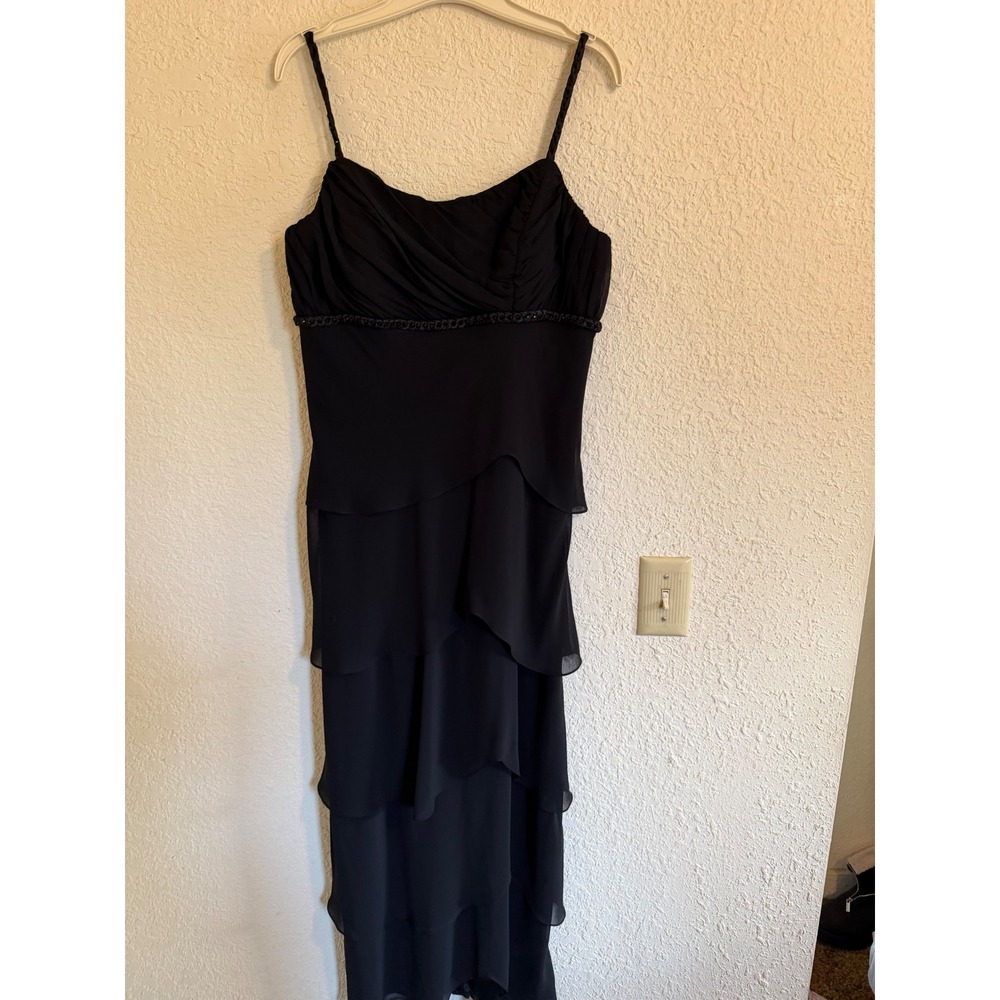 Patra Women Black Tiered Chiffon Maxi Dress Beaded Waist Formal Gown Size 10
